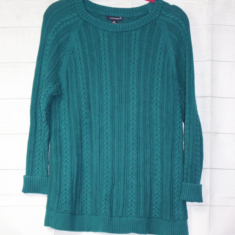 Women's Lands End Teal Crew Neck Cable Pattern Double Knit Sweater SZ. XL